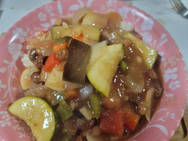 Finished Moroccan Stew served over brown rice 