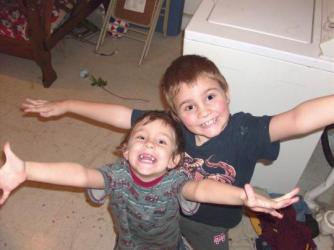 Hugs Mom! ~  Feb. 2008.  "We wanna hug mom, but take the picture first!" 