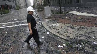 Downtown Houston Streets After Hurricane Ike ~ Broken glass from JP Morgan/Chase Bank windows covers the street