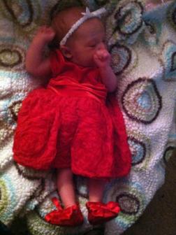 11-28-2012 ~  Trying on her Christmas dress for Santa. We tried to find tights, but I couldn't find any for preemies. *Heart* 