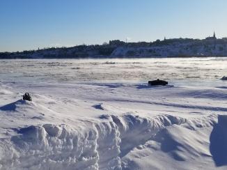 Partially Frozen St. Lawrence Seaway ~ Quebec had been hit with a major snowstorm the week before I arrived.   There were at least four feet of snow on the side of the roads due to the hard work of the plow crews.