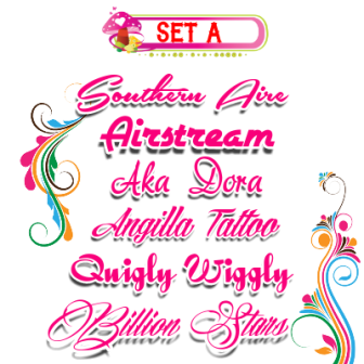 FONT SET A ~ Southern Aire
Airstream
Aka Dora
Angilla Tattoo
Quigly Wiggly
Billion Stars