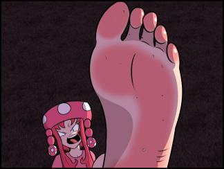 Chapter 9 - Illustration 1 ~ My sole lowered onto her tiny nose, rubbing up and down. Whether my feet stunk or not, I didn’t know, nor did I care. The smell of feet was unpleasant regardless, so all that mattered was that Pop Diva was suffering. With all this blood pumping, I couldn’t even feel the tickling her nose would’ve normally done.