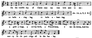 12 Days of Christmas ~   "  
On the twelfth day of Christmas, 
*Space* *Space* *Music2* my true love sent to me

Twelve drummers drumming
  Eleven pipers piping

Ten lords a-leaping
*Space* *Space* *Music1* Nine ladies dancing

Eight maids a-milking
  Seven swans a-swimming

Six geese a-laying
*Space* *Space* *Music2* Five golden rings

Four calling birds
  Three french hens

Two turtle doves and
*Space* *Space* *Music2* A partridge in a pear tree
  "  

 
*Snow5*

 
 





 ...